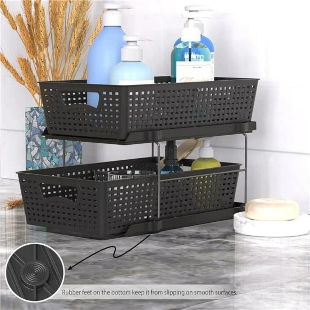 Simple Houseware 2 Tier Bathroom Organizer Tray Pull-Out Sliding Storage Black